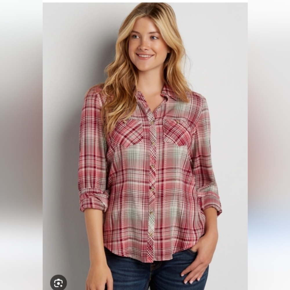Maurice's Red Rose Petal Combo Plaid Checkered Button-Down Shirt Size 1X
